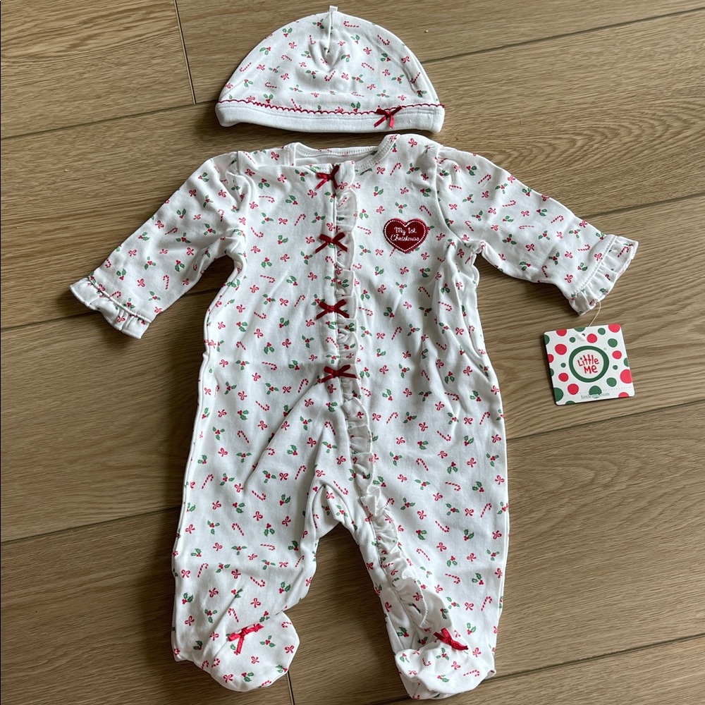 NWT Little Me My 1st Christmas White and Red bow Footie with matching beanie